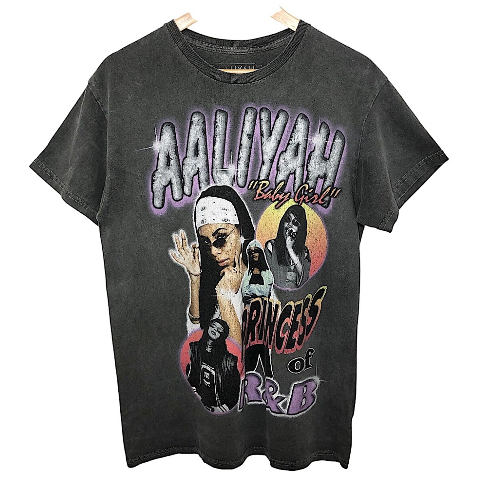 Aaliyah Princess of R&B Cotton Gray Wash Short Sleeve Distress Look T-Shirt M